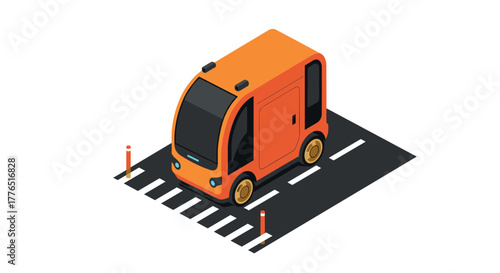 Isometric autonomous delivery truck on road intersection