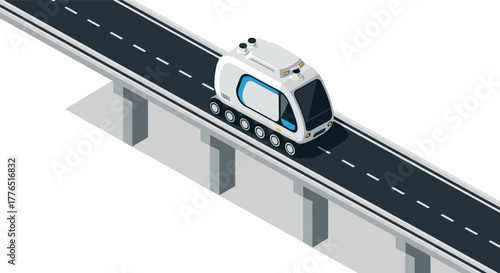 Futuristic autonomous vehicle on elevated road in isometric design
