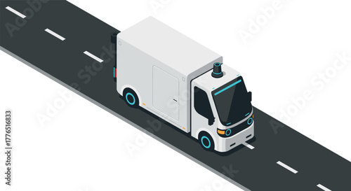 Isometric delivery van on road with autonomous technology and modern design