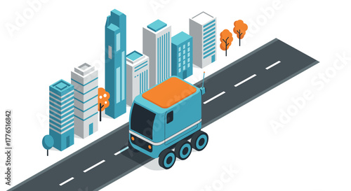 Futuristic autonomous delivery truck on city road with tall buildings in isometric style