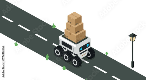 Isometric delivery robot on road with stacked boxes and street lamp
