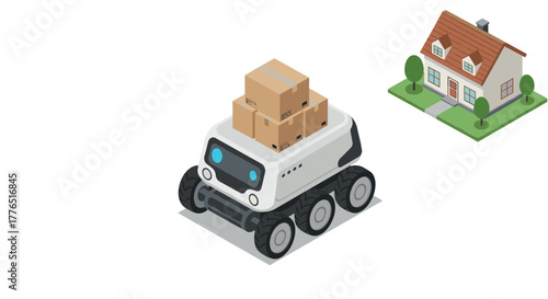 Isometric delivery robot with packages near modern house