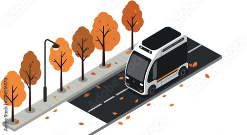 Autonomous vehicle on autumn street with falling leaves in isometric style