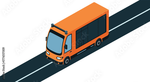 Isometric delivery van on road  modern autonomous vehicle concept