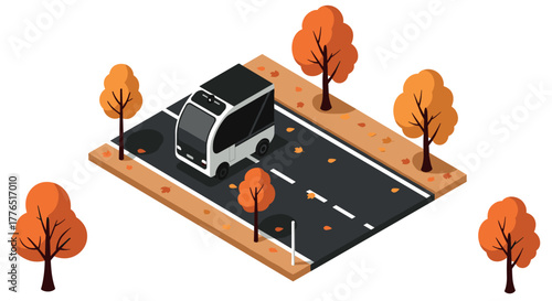 Isometric autumn urban scene with modern bus on treelined street