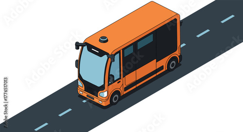 Autonomous electric bus driving on road in modern isometric style