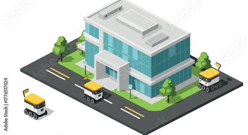 Modern isometric smart delivery with autonomous robots surrounding office building