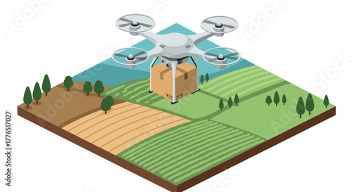 Isometric drone delivering package over farmland landscape with fields and trees