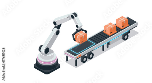 Automated robotic arm loading boxes on conveyor in modern warehouse