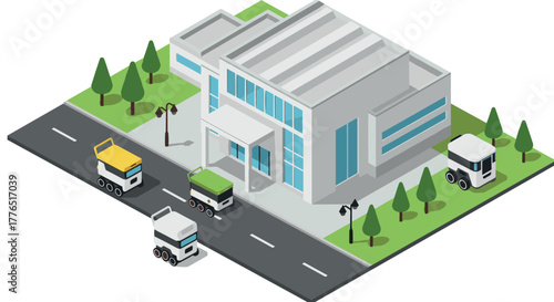 Modern isometric city scene with futuristic trucks and buildings