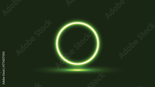 A glowing neon green oval portal or gateway emitting light against a dark moody and atmospheric background with subtle reflections on the surface below