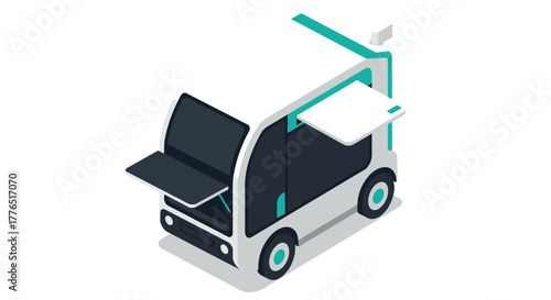 Futuristic isometric autonomous food truck with open serving windows