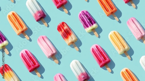 Colorful popsicles arranged in a creative pattern on bright blue background, refreshing summer concept, sweet frozen dessert, minimal design and fun vibe.