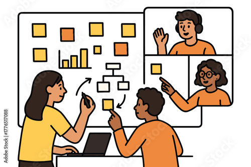 Diverse team collaborating remotely on a project using a digital whiteboard