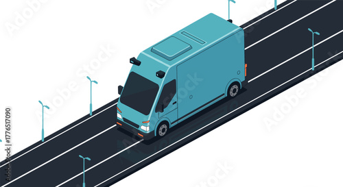 Isometric electric delivery van on urban road with street lights