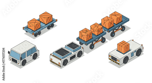 Isometric cargo transport vehicles carrying crates in industrial logistic scene