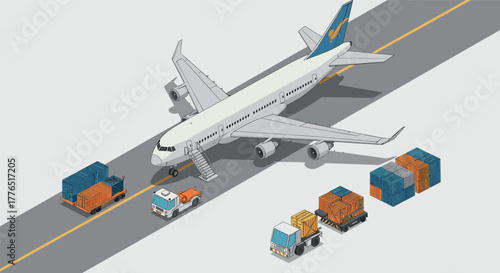 Isometric airplane unloading cargo at airport with trucks and containers