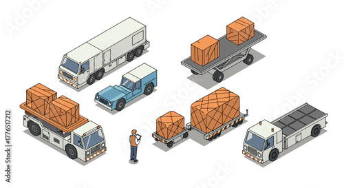 Isometric cargo transport vehicles with crates and worker illustration