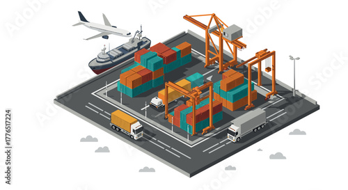 Isometric shipping port with cargo containers, cranes, trucks, airplane, and ship on dock