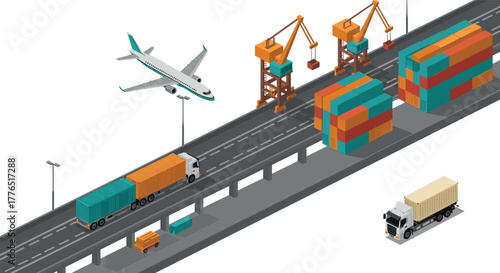 Isometric transport and logistics concept with cargo truck, airplane, and cranes