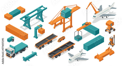 Isometric cargo and transportation elements cranes, containers, trucks, and airplanes