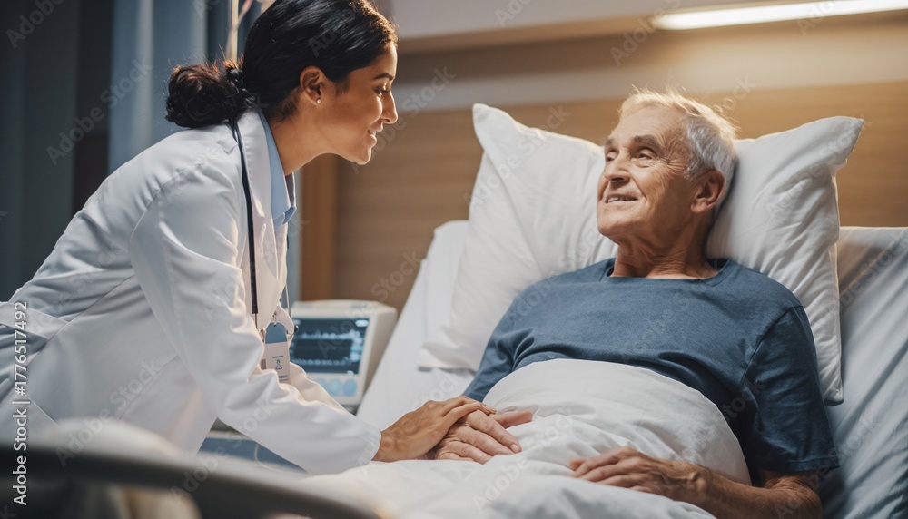 Obraz premium Kind female doctor reassuring a smiling elderly male patient in a hospital bed, gently touching his hand with an empathetic expression.