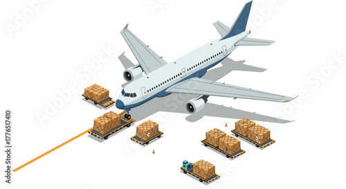 Isometric cargo airplane with loading equipment at airport