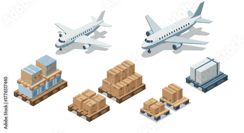 Isometric cargo delivery with airplanes and shipping pallets