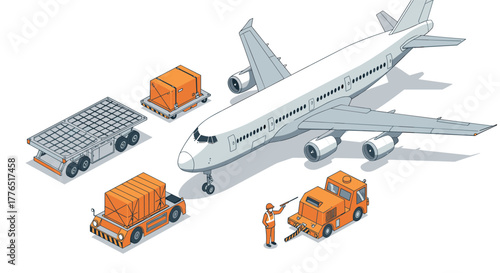 Isometric airport ground services with airplane and equipment