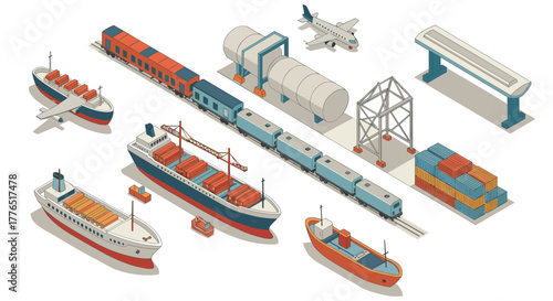 Isometric transport hub with cargo ships, trains, and infrastructure