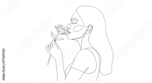 Continuous line drawing of a woman smelling a flower with long hair and minimalist design style art