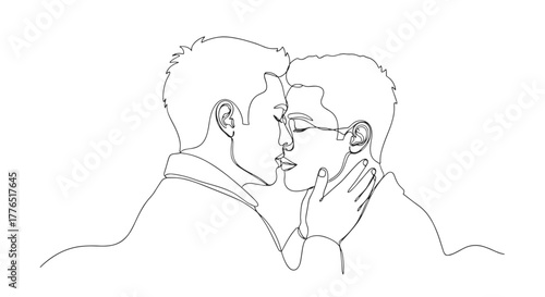 Continuous line drawing of two men embracing with one wearing glasses in a tender intimate moment of love
