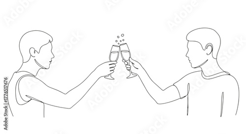 Two people toasting with champagne glasses in a continuous line drawing celebrating a special occasion