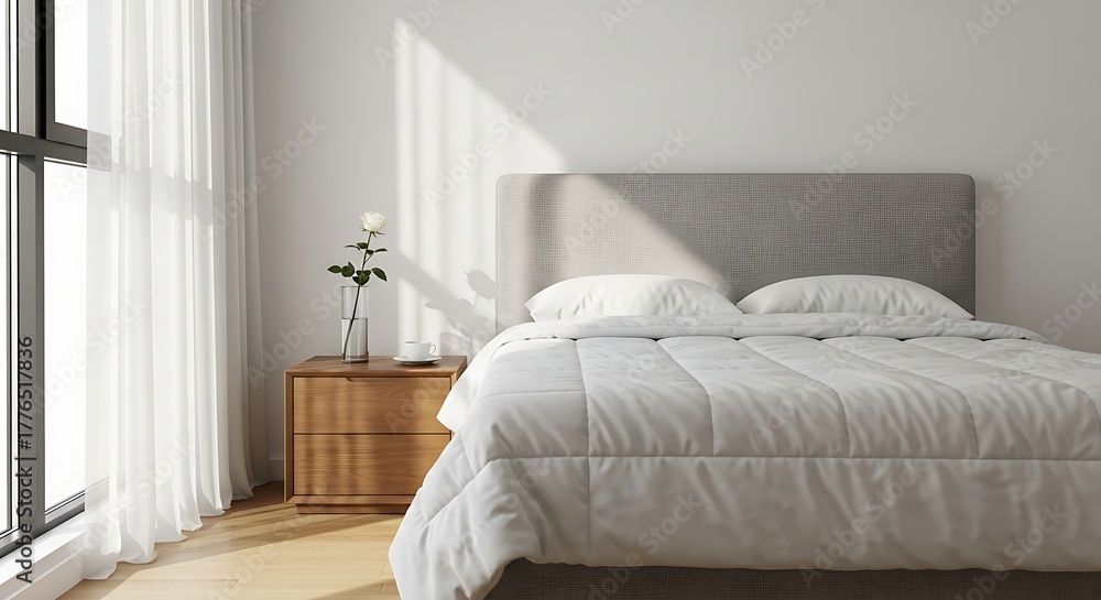 Fototapeta premium Serene Bedroom Interior with Natural Light and Minimalist Design Elements