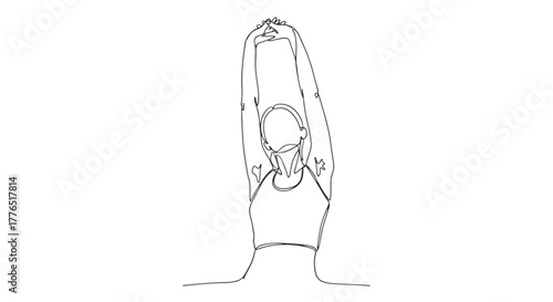 A woman stretching her arms above her head in a continuous line drawing on a white background art