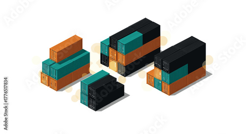 Isometric cargo containers stacked in various configurations