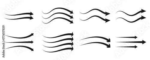 Set of black and arrow showing air or wind flow. Air conditioner direction. Isolated on white background .
