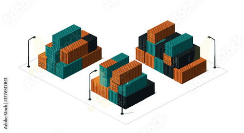 Isometric shipping containers in industrial setting with streetlights