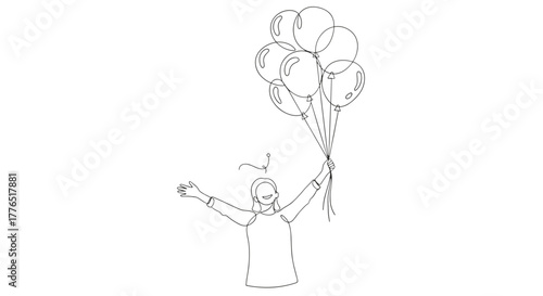 A person holding a bunch of balloons with their arms raised in a line drawing illustration design graphic