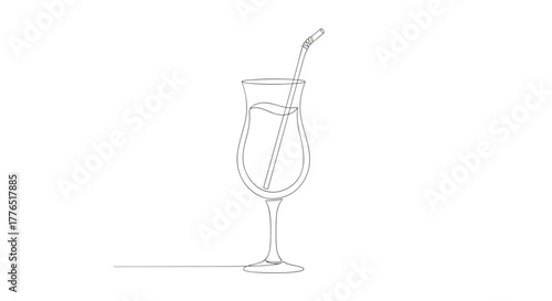 A single line drawing of a cocktail glass with a straw on a white background in a minimalist style