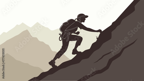 Silhouette of a determined hiker climbing a steep rocky mountain face with backpack