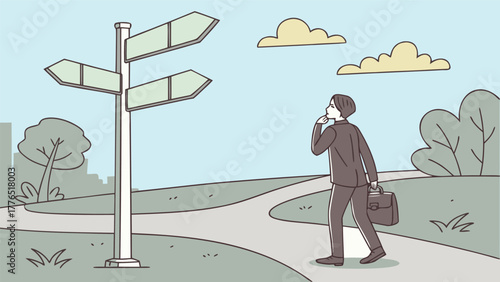 Man in suit stands at a crossroads signpost contemplating which path to take in a park