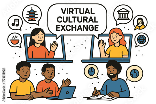 Diverse group of people participating in a virtual cultural exchange online