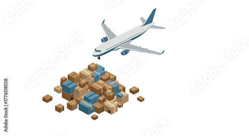 Airplane delivering cargo boxes isometric logistics and transportation concept