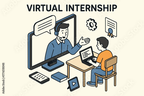 Student learning remotely online during virtual internship with mentor