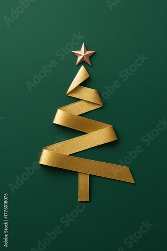 Gold ribbon christmas tree on green background