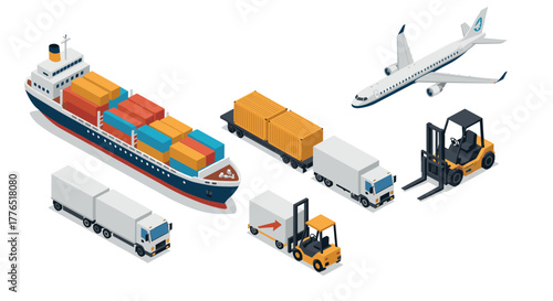 Isometric transport set cargo ship, airplane, trucks, forklifts, and containers