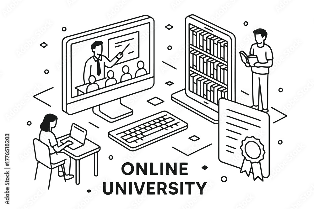 Fototapeta premium Online university education concept with computer tablet students and diploma