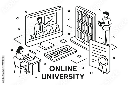 Online university education concept with computer tablet students and diploma