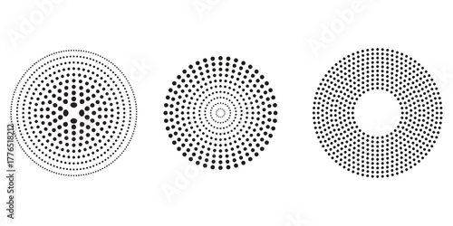 Abstract dot circle patterns; modern geometric radial design vectors
